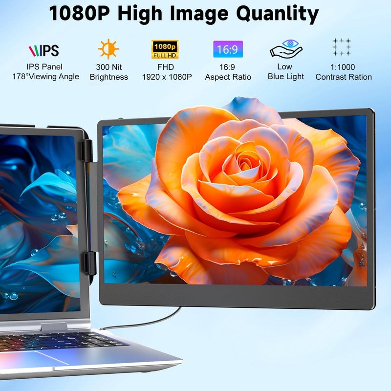 KEFEYA Laptop Screen Extender, 14" Portable Monitor for Laptops 13-17", 1080P FHD IPS Monitor Extender for Laptop with USB-C/HDMI Port, Plug n Play for Windows/Chrome/Mac/Switch/PS5 - Image 2